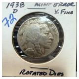 1938-D BUFFALO NICKEL ROTATED DIES MINT ERROR 1938-D BUFFALO NICKEL ROTATED DIES MINT ERROR
