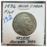 1936 BUFFALO NICKEL SEVERE ROTATED DIES 1936 BUFFALO NICKEL SEVERE ROTATED DIES