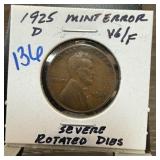 1925-D WHEAT PENNY CENT SEVERE ROTATED DIES 1925-D WHEAT PENNY CENT SEVERE ROTATED DIES