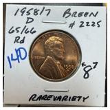1958/7 -D WHEAT PENNY CENT BREEN 2225 RARE VARIETY 1958/7 -D WHEAT PENNY CENT BREEN 2225 RARE VARIETY