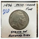 1936 BUFFALO NICKEL STRUCK W ROTATED DIES 1936 BUFFALO NICKEL STRUCK W ROTATED DIES