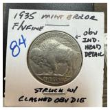 1935 BUFFALO NICKEL STRUCK W CLASHED OBV DIE 1935 BUFFALO NICKEL STRUCK W CLASHED OBV DIE
