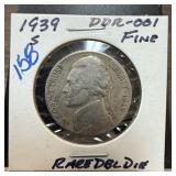 1939-S JEFFERSON NICKEL DDR-001 DOUBLE DIE 1939-S JEFFERSON NICKEL DDR-001 DOUBLE DIE