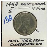 1943-S STEEL WHEAT PENNY CENT CLOGGED OBV DIES
