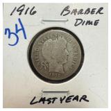 1916 BARBER SILVER DIME