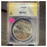 ANACS GRADED MS62 1923 PEACE SILVER DOLLAR