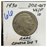 1930 BUFFALO NICKEL DDR-007 RARE CONECA DIE 7