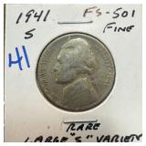 1941-S JEFFERSON NICKEL RARE LARGE S VARIETY FD-51