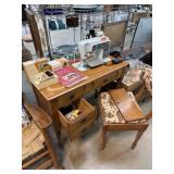 VINTAGE SINGER SEWING MACHINE W CABINET & CHAIR