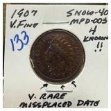 1907 INDIAN HEAD PENNY CENT MISPLACED DATE
