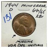 1944-D WHEAT PENNY CENT MISSING VDB INITIALS