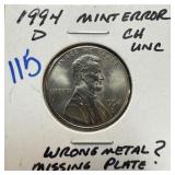 1994-D WHEAT PENNY CENT MISSING PLATING