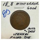 INDIAN HEAD PENNY CENT STRUCK BY FILLED DIE MISSI