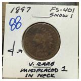 1897 INDIAN HEAD PENNY CENT FS-401 V RARE
