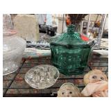 VINTAGE GREEN GLASS CANDY JAR & FLOWER FROG
