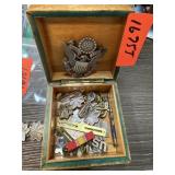 VINTAGE BOX W MIXED MILITARY PINS