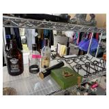 LOT OF MIXED BARWARE BOTTLES / WINE RACK ETC
