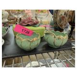 VINTAGE CREAMER & SUGAR BOWL GOLD ACCENT OER GREEN