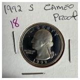 1992-S CAMEO PROOF QUARTER