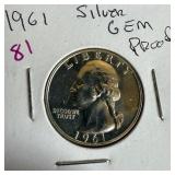 1961 GEM SILVER PROOF WASHINGTON QUARTER