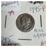 1945 MERCURY SILVER DIME