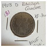 1908-D BARBER SILVER QUARTER NICE