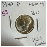 1940-D MERCURY SILVER DIME HIGH GRADE