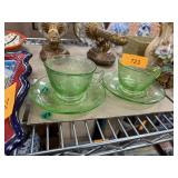2PC VASELINE GLASS GEORGIAN LOVEBIRDS CUPS SAUCERS