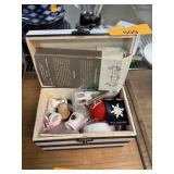 VINTAGE SEWING BOX W THIMBLES & MISC