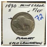 1930-S BUFFALO NICKEL SPLIT PLANCHET LAMINATION E 1930-S BUFFALO NICKEL SPLIT PLANCHET LAMINATION E