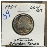 1954 ROOSEVELT SILVER DIME GEM UNC RAINBOW TONED 1954 ROOSEVELT SILVER DIME GEM UNC RAINBOW TONED