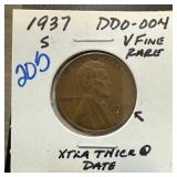 1937-S WHEAT PENNY CENT DDO-004 EXTRA THICK DATE 1937-S WHEAT PENNY CENT DDO-004 EXTRA THICK DATE
