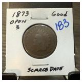 1873 OPEN 3 INDIAN HEAD PENNY CENT SCARCE DATE 1873 OPEN 3 INDIAN HEAD PENNY CENT SCARCE DATE