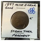 1897 INDIAN HEAD PENNY CENT STRUCK THRU 1897 INDIAN HEAD PENNY CENT STRUCK THRU