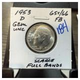 1953-D ROOSEVELT SILVER DIME UNC FULL BANDS 1953-D ROOSEVELT SILVER DIME UNC FULL BANDS