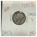 1945-S MERCURY SILVER DIME LARGE S 1945-S MERCURY SILVER DIME LARGE S