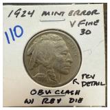 1924 BUFFALO NICKEL OBV CLASHED DIE
