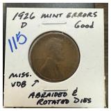 1926-D WHEAT PENNY CENT ABRAIDED & ROT DIES