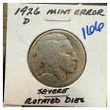1926-D BUFFALO NICKEL SEVERE ROTATED DIES
