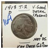1913-D T-2 BUFFALO NICKEL KEY DATE