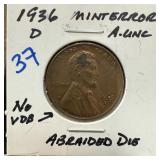 1936-D WHEAT PENNY CENT ABRAIDED DIE