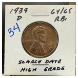 1939-D WHEAT PENNY CENT SCARCE HIGH GRADE
