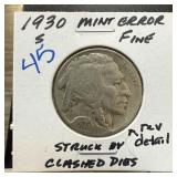 1930-S BUFFALO NICKEL SRUCK BY CLASHED DIES