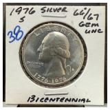 1976-S WASHINGTON SILVER QUARTER BICENTENNIAL UNC