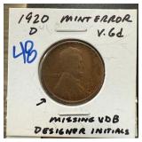 1920-D WHEAT PENNY CENT MISSING VDB INITIALS