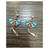 STERLING SILVER CORAL & TURQUOISE EARRINGS