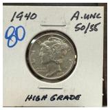 1940 MERCURY SILVER DIME AU