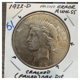 1922-D PEACE SILVER DOLLAR MINT ERROR CRACKED DIE