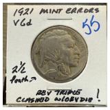 1921 BUFFALO NICKEL REV TRIPLE CLASHED W OBV DIE