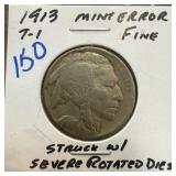 1913 T-1 BUFFALO NICKEL W ROTTED DIES